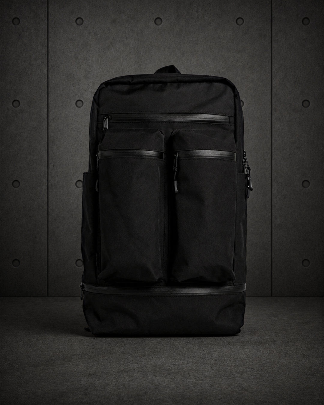 Recycled Travel Backpack 1030 blank product on dark industrial concrete background