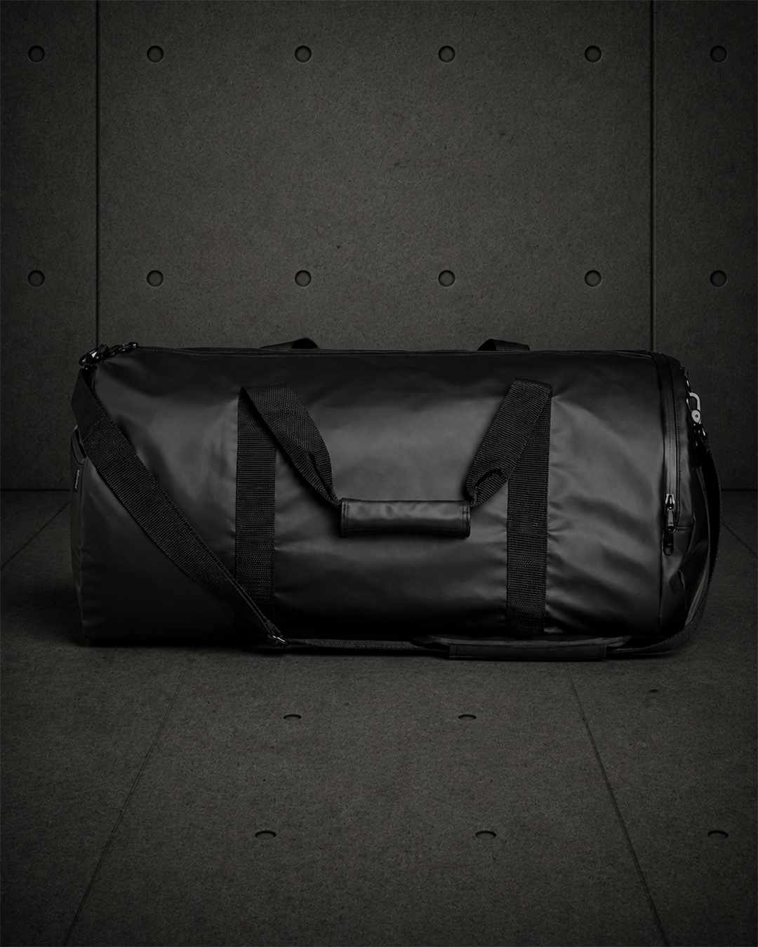 Rain Duffel Bag 1036 blank product on dark industrial concrete background