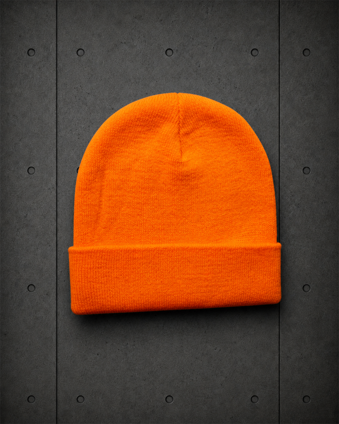 Cuff Safety Beanie 1107F blank product on dark industrial concrete background
