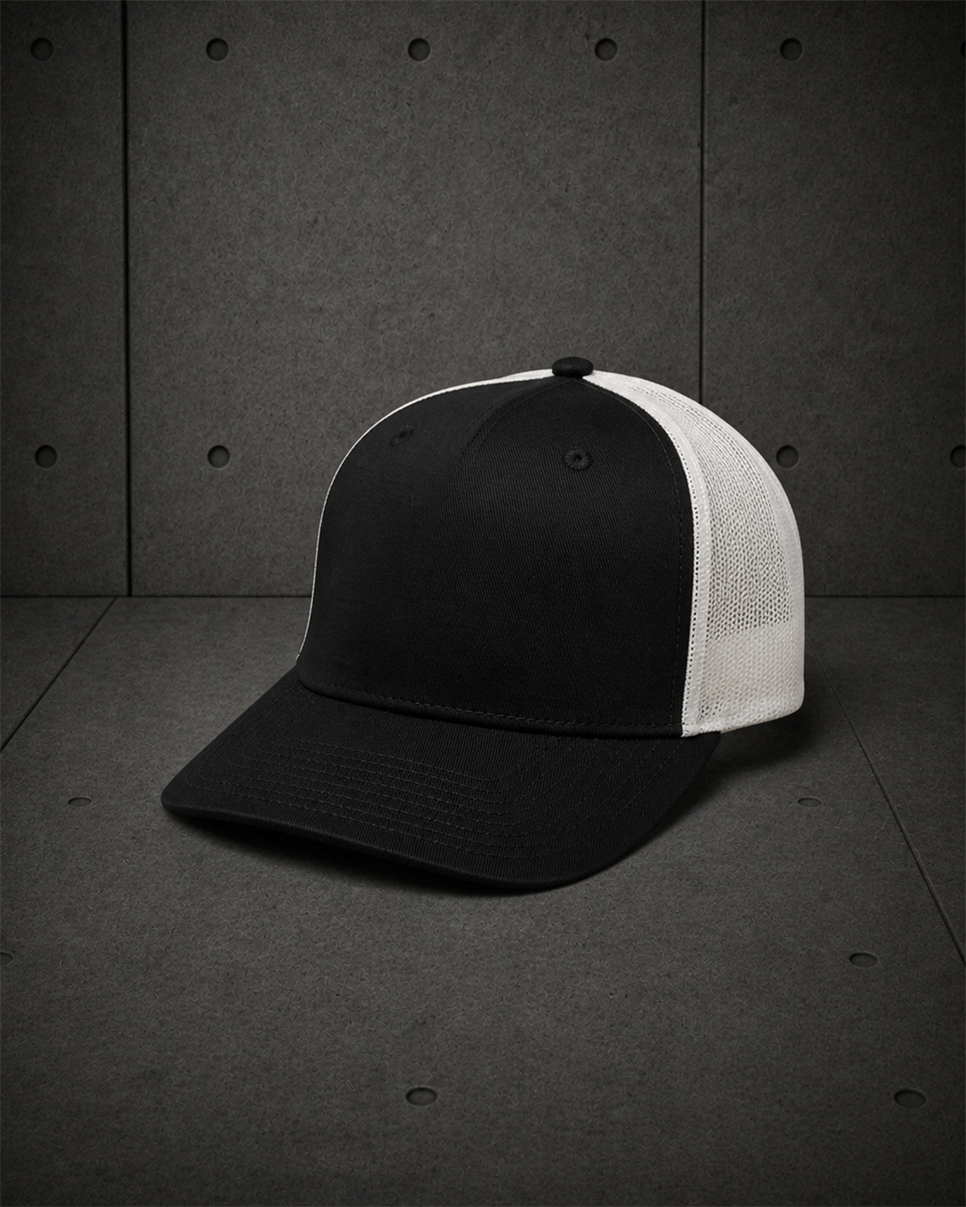 Stock Contrast Trucker 1110 blank product on dark industrial concrete background