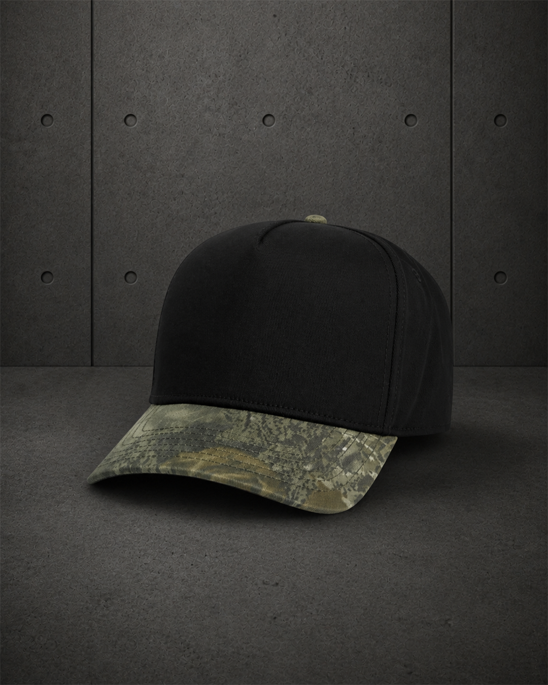 Frame Two-Tone Camo Cap 1165C blank product on dark industrial concrete background