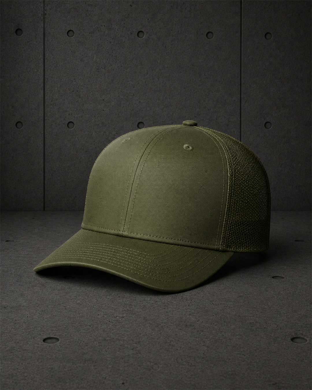 Mesh Trucker Cap 1190 blank product on dark industrial concrete background