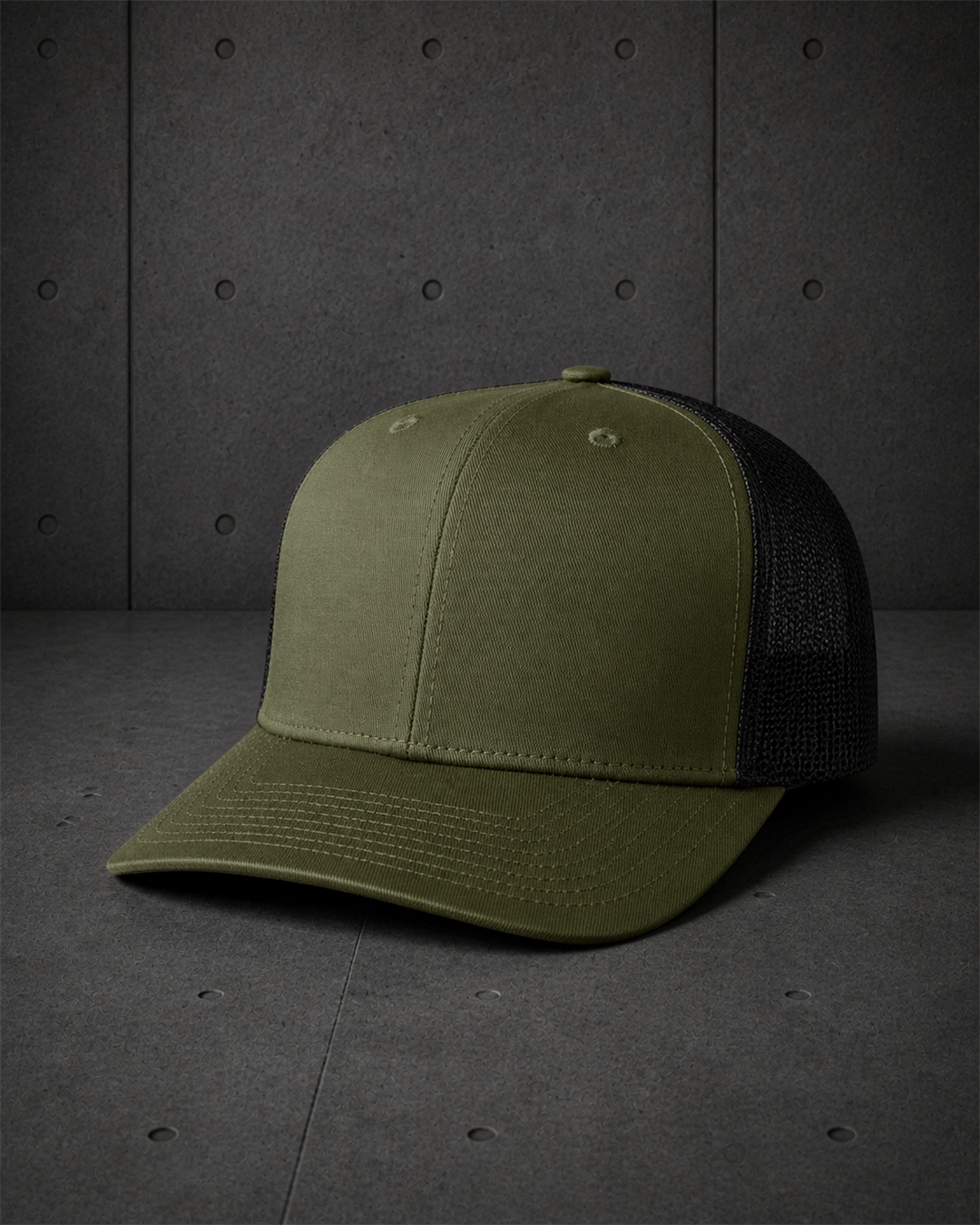 Mesh Contrast Trucker Cap 1191 blank product on dark industrial concrete background