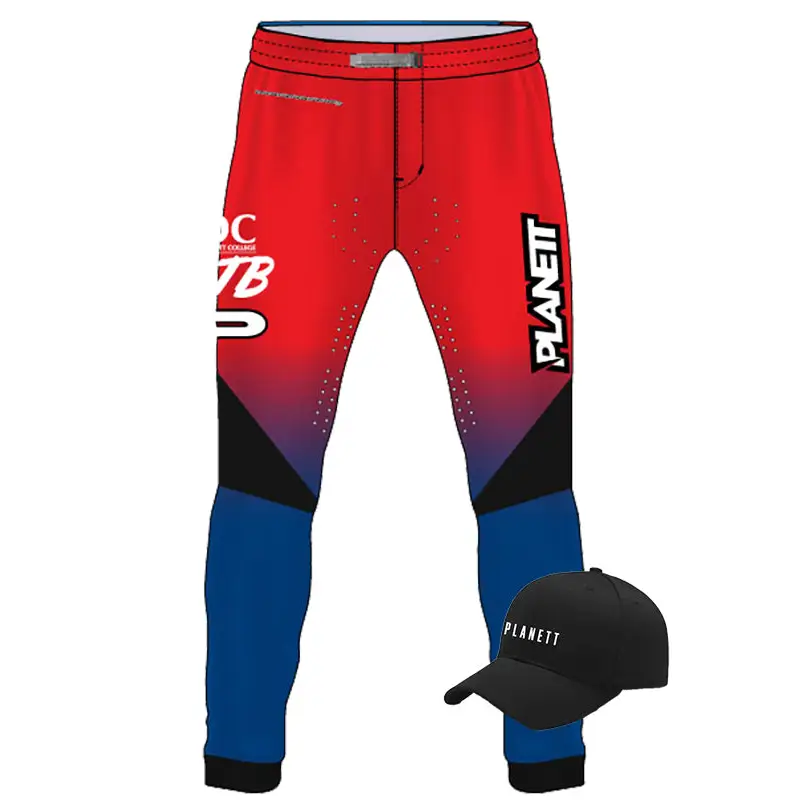 Red, blue, and black athletic pants with matching cap.