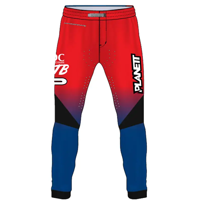 Red, blue, and black motocross pants.