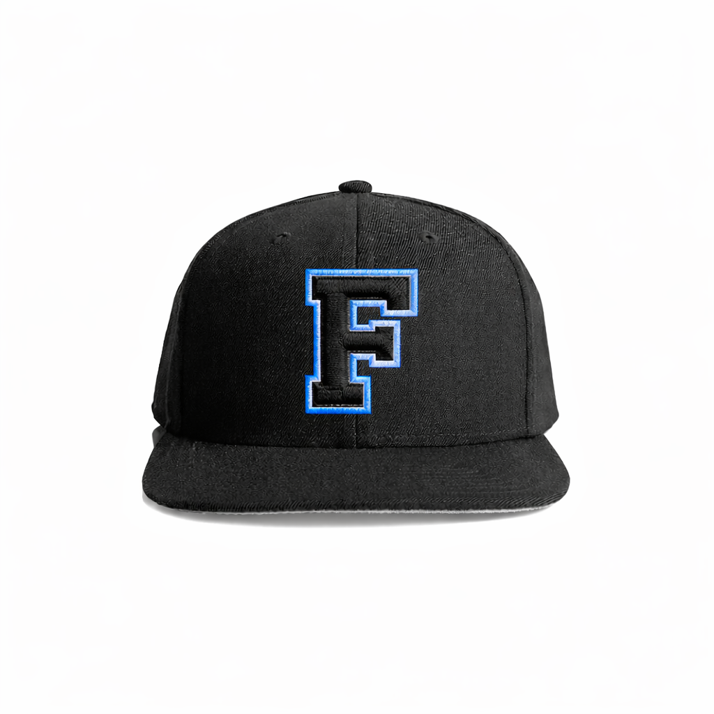 Black snapback cap featuring a bold, embroidered blue letter ’f’ with a stitched outline.