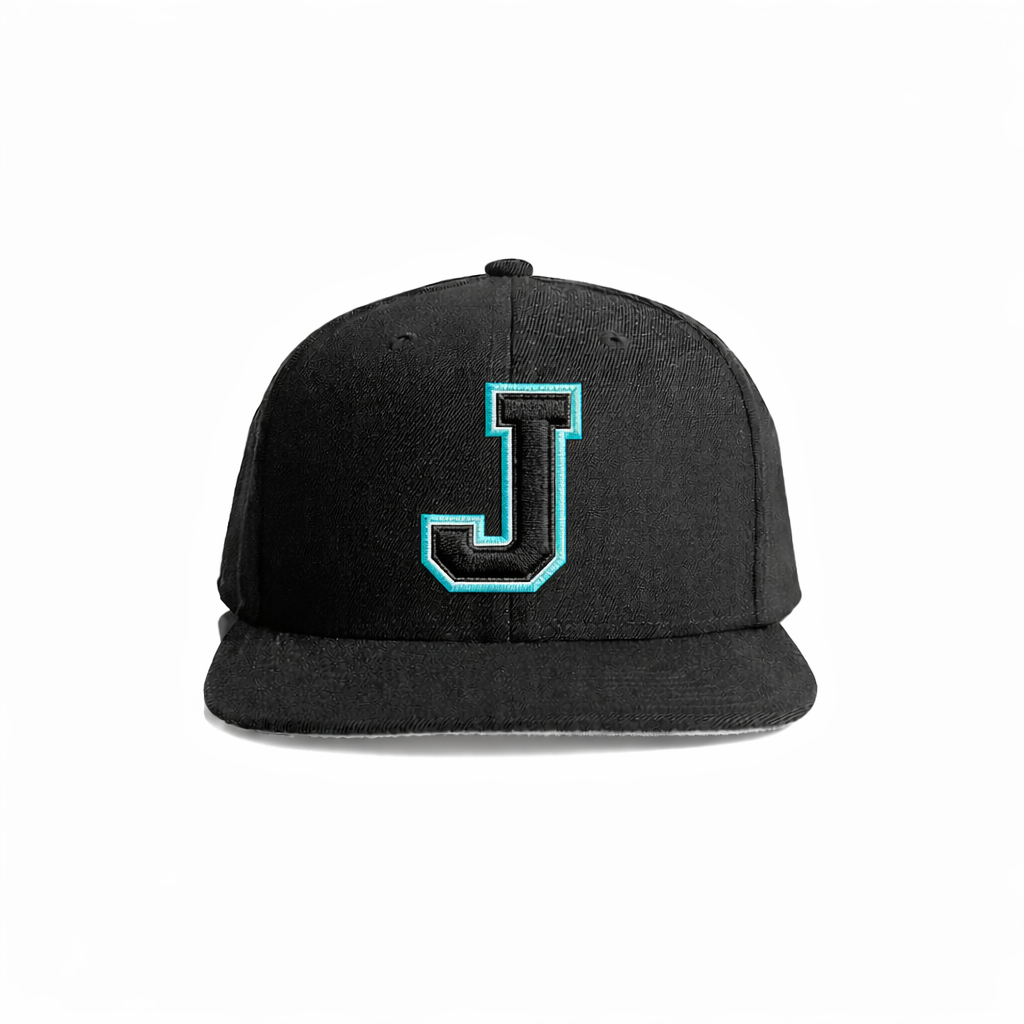 Black snapback cap featuring a bold, teal-outlined embroidered letter ’j’ on the front.