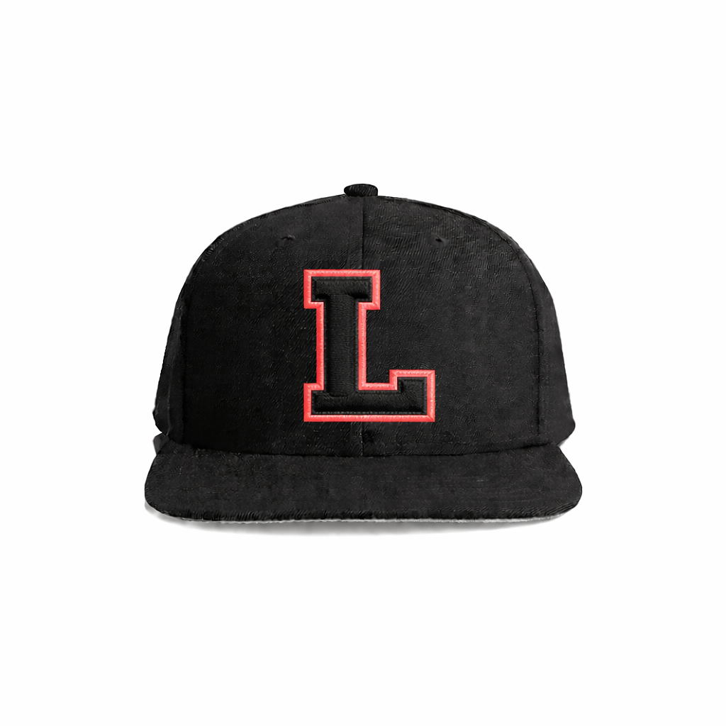 Black suede snapback cap featuring a bold red embroidered letter ’l’ on the front.