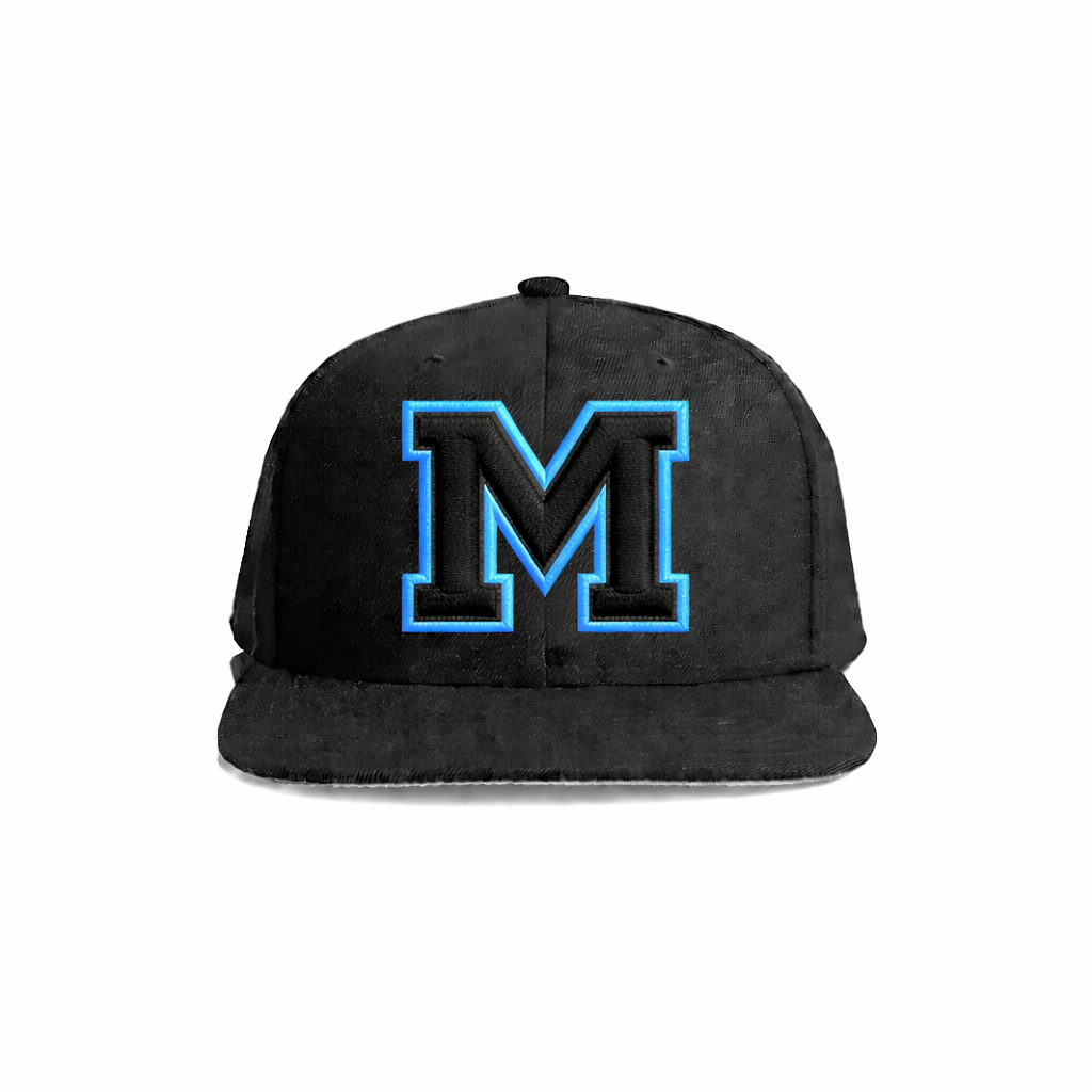 Black snapback cap with a bold blue-embroidered letter ’m’ on the front.