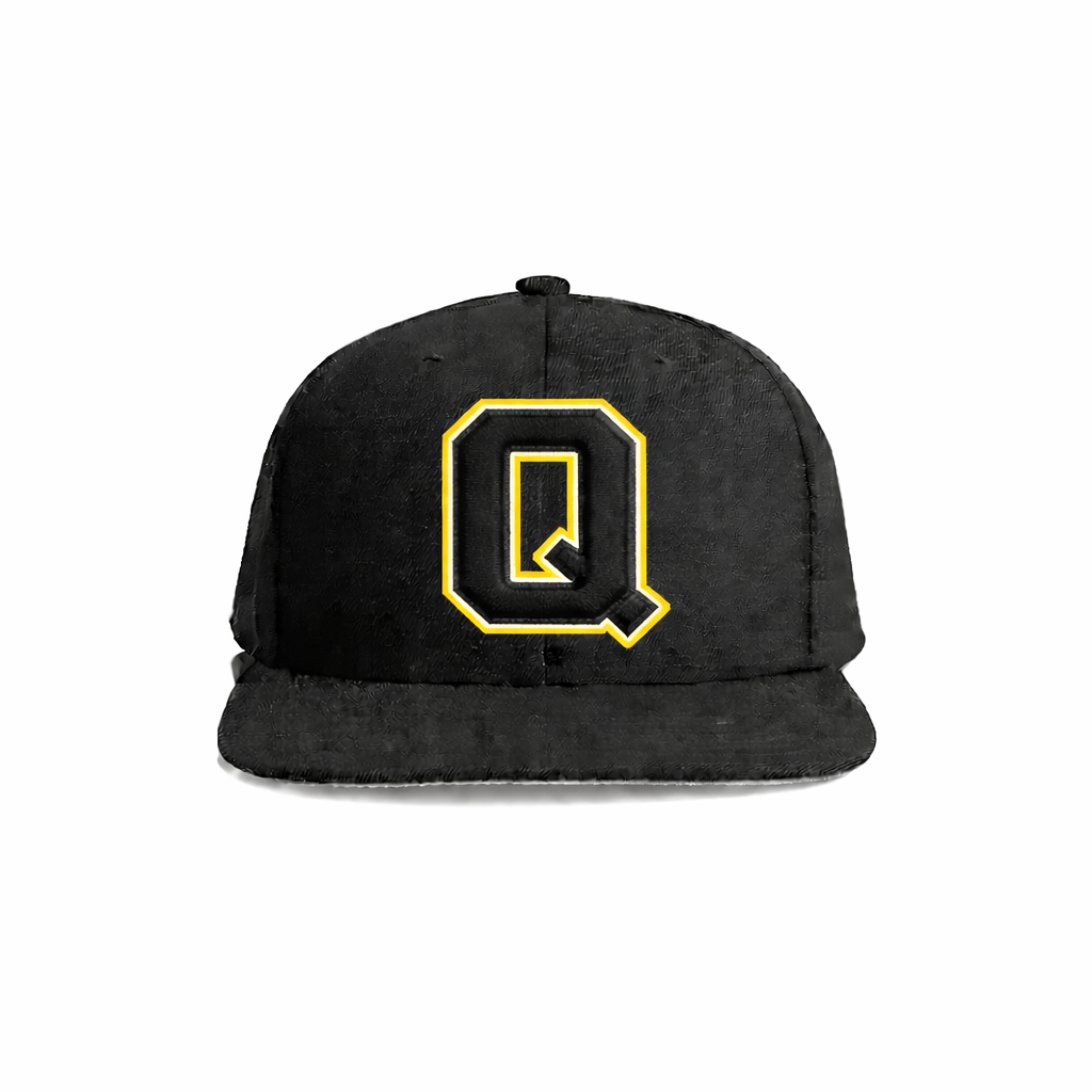 Black velvet snapback cap featuring a bold yellow embroidered letter ’q’ on the front.