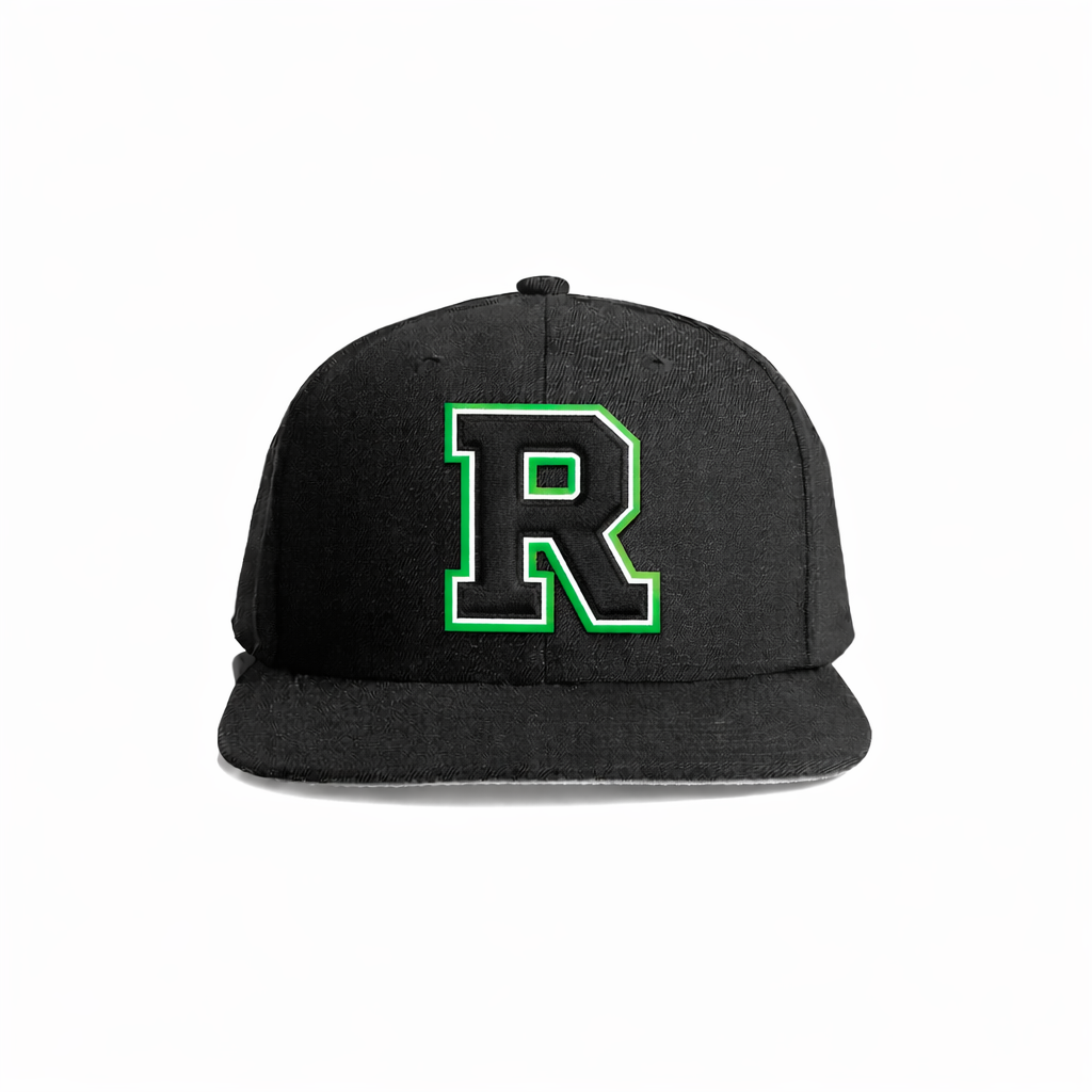 Black snapback cap featuring a bold, embroidered green and black letter ’r’ logo.