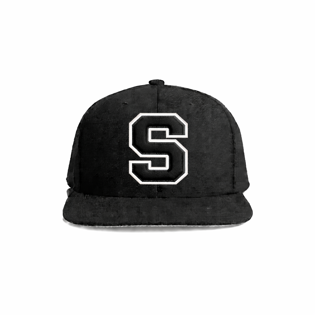 Black snapback cap with a bold white embroidered ’s’ logo on the front.