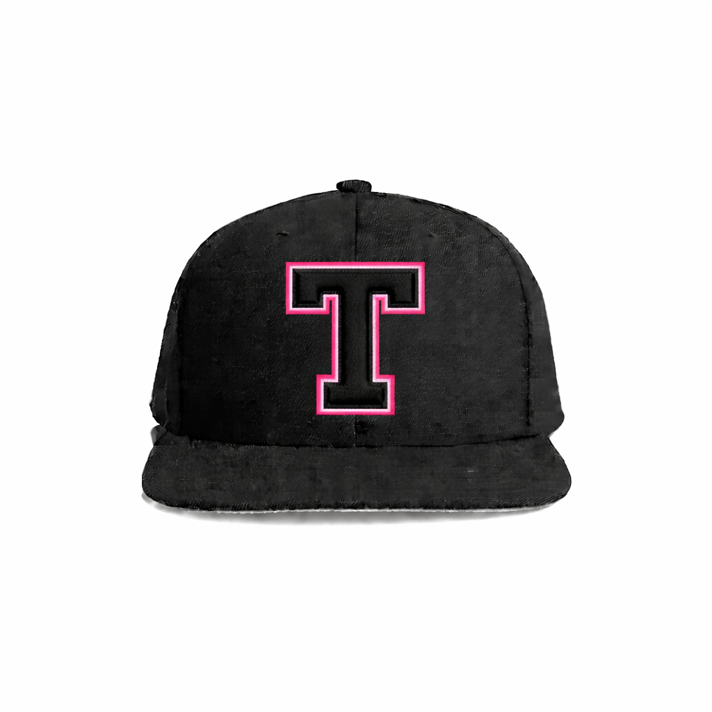 Black velvet snapback cap featuring a bold pink-outlined letter ’t’ embroidered on the front.
