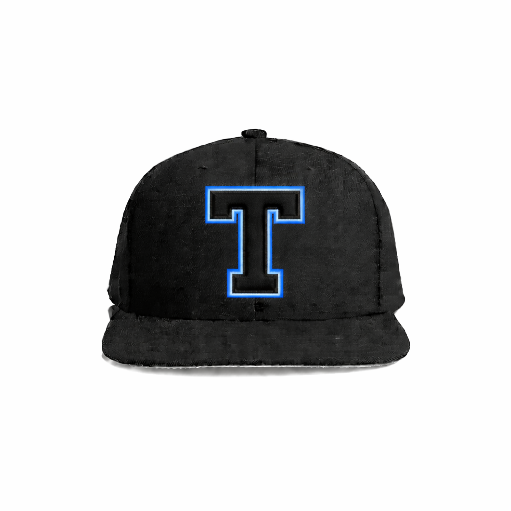 Black snapback cap with a bold blue neon-outlined letter ’t’ embroidered on the front.