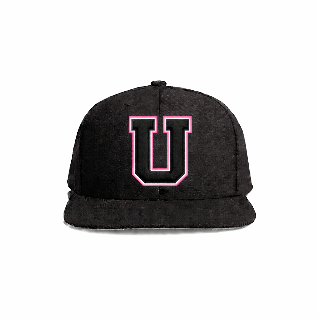Black velvet snapback cap with a bold pink-outlined ’u’ embroidered on the front.