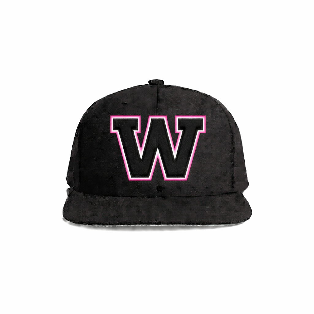 Black velvet snapback cap featuring a bold pink-outlined ’w’ logo.