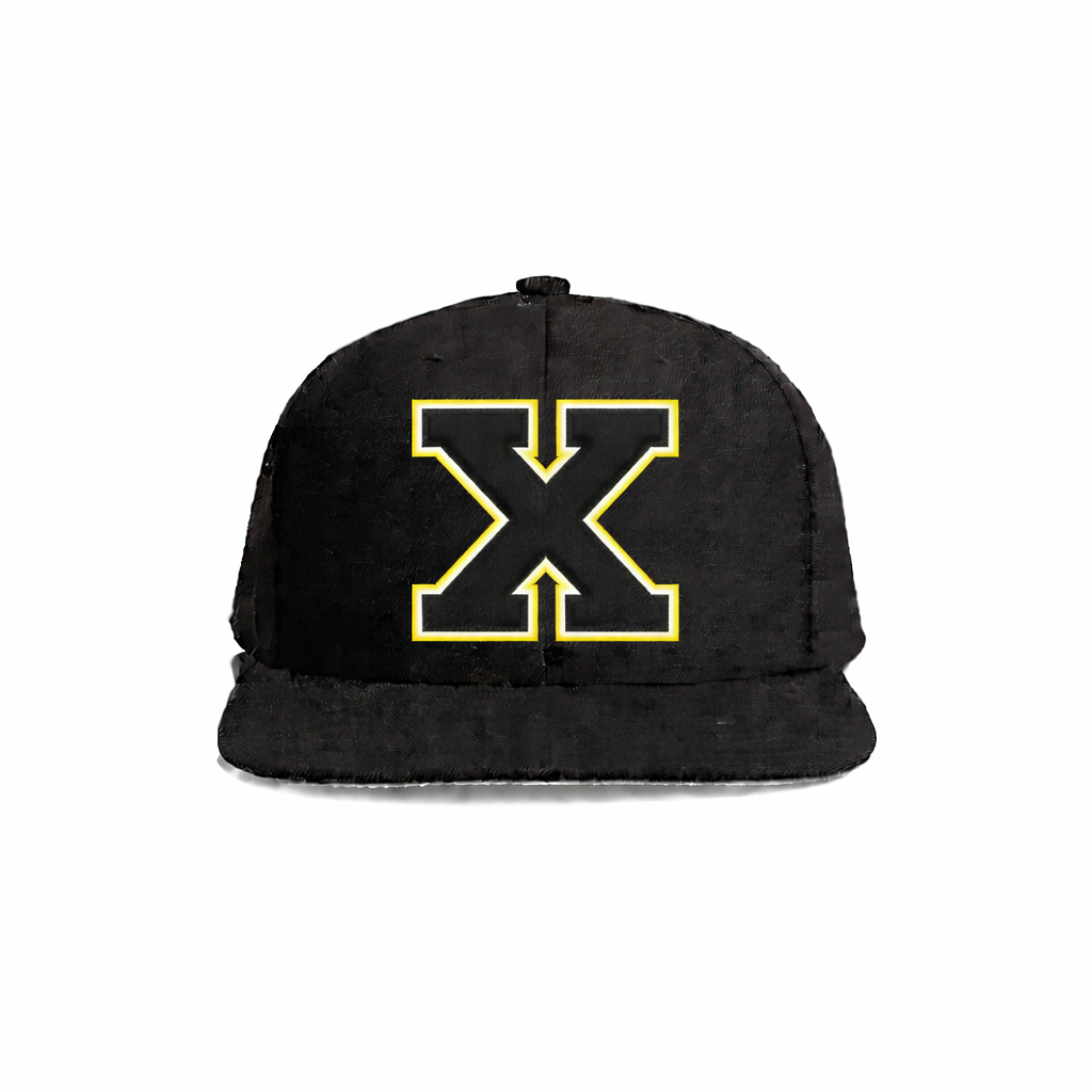 Black velvet snapback cap featuring a bold gold-trimmed ’x’ logo.