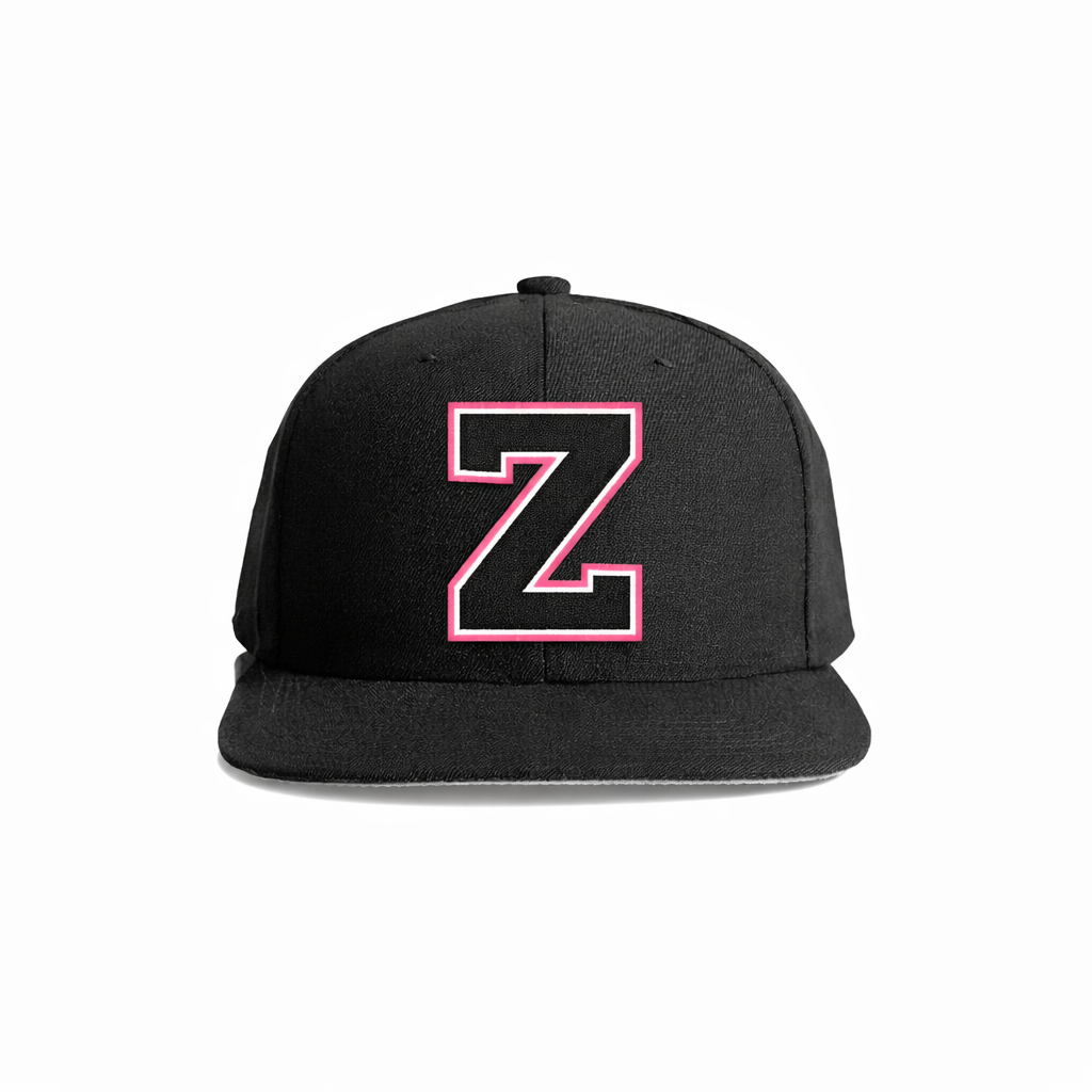 Black snapback cap featuring a bold pink-outlined letter ’z’ embroidered on the front.