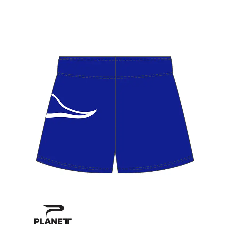 Blue athletic shorts with white accent.