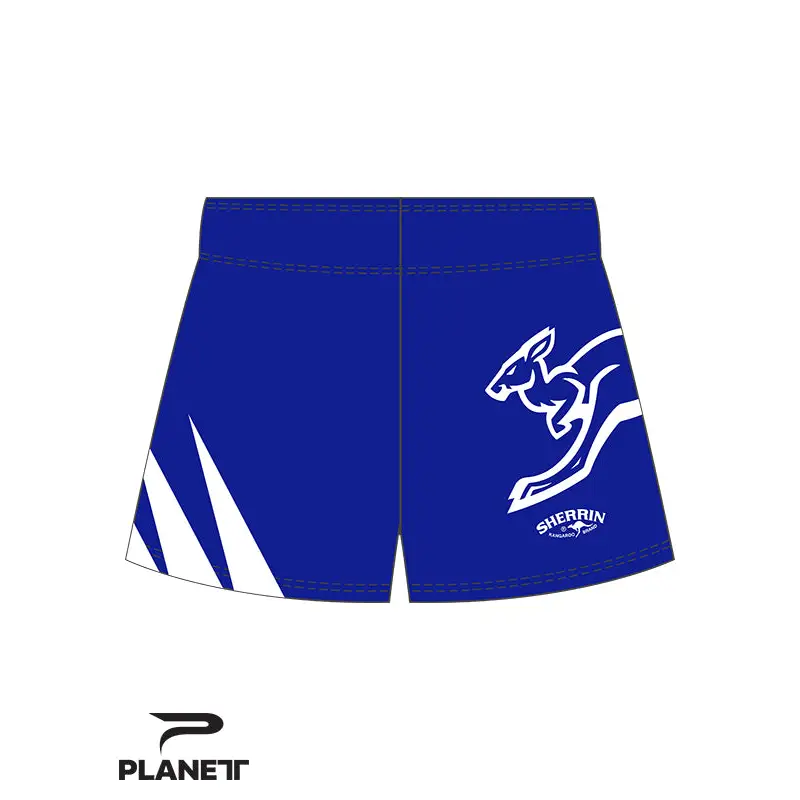 Blue athletic shorts with kangaroo logo.
