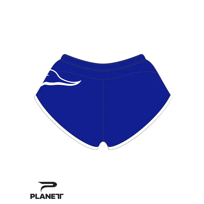 Blue running shorts with white trim.