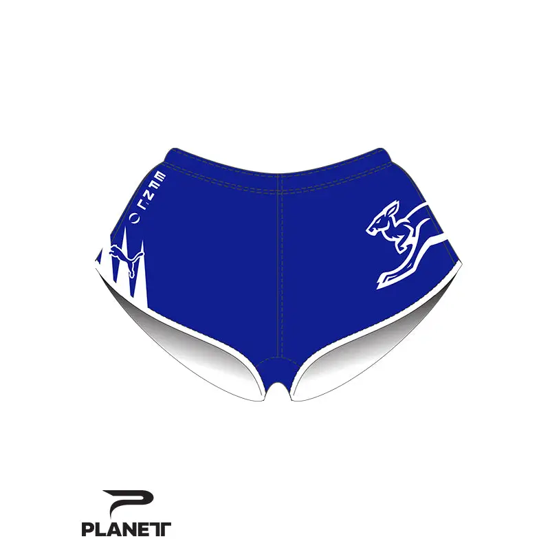 Blue athletic shorts with kangaroo design.