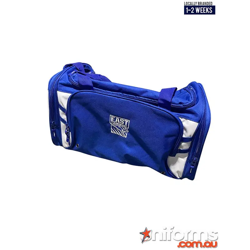 Blue and white duffel bag.
