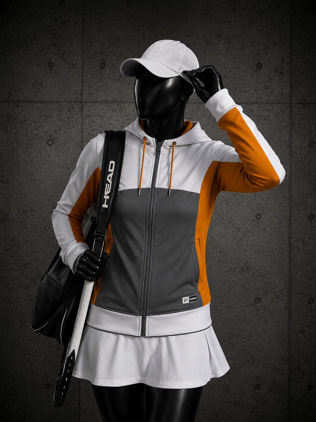 A mannequin dressed in a women's athletic hoodie and skirt set with white, gray, and orange color blocking, a white cap, black gloves, and a black bag, posed against a dark textured wall.