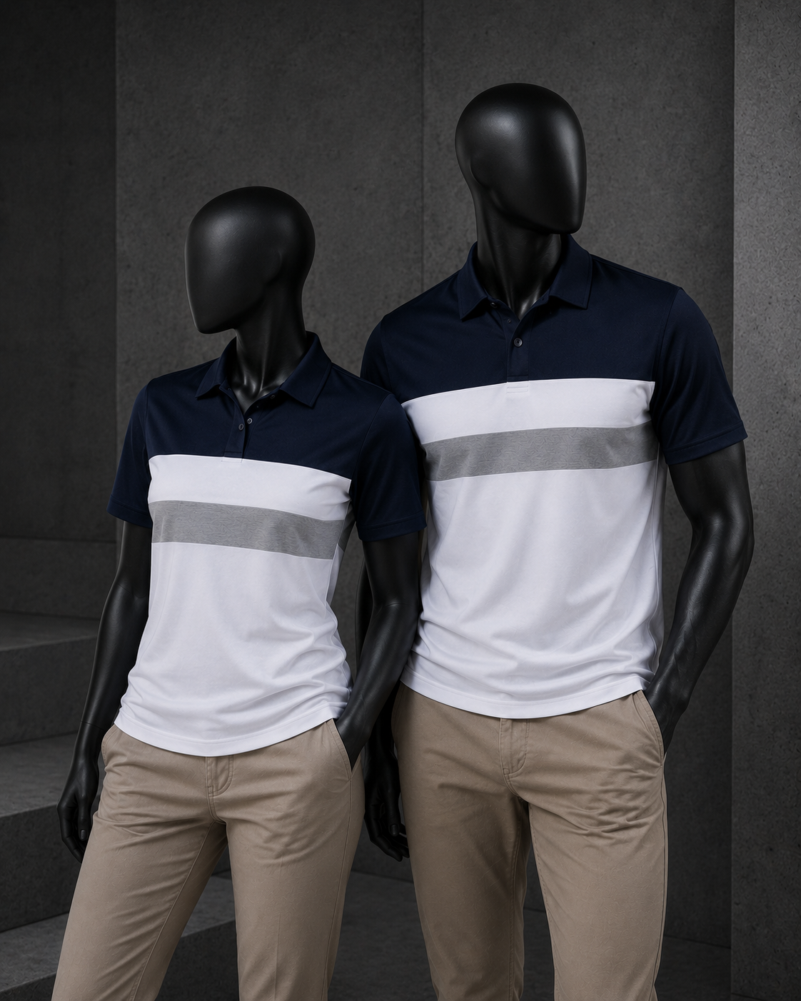Two black mannequins wearing matching short-sleeve polo shirts with a color-block design of navy blue, white, and gray, paired with khaki pants, set against a dark gray textured studio background.
