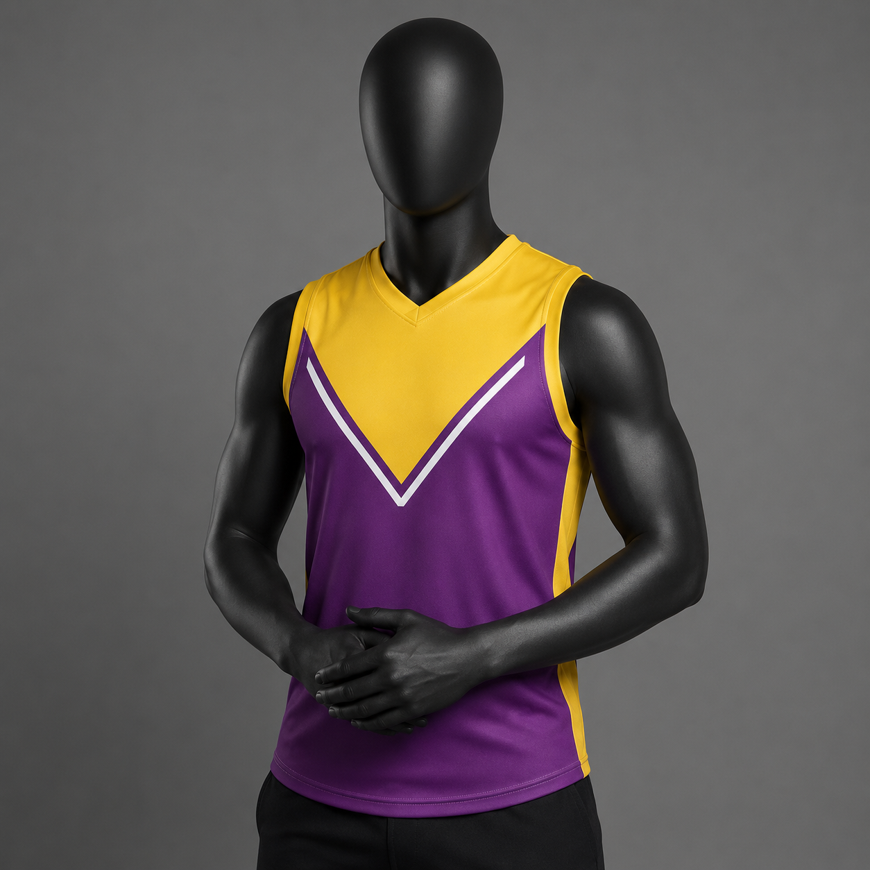 A sleeveless athletic jersey displayed on a black mannequin torso against a dark gray studio background. The jersey is purple with bright yellow panels and a white V-shaped stripe detail on the chest.