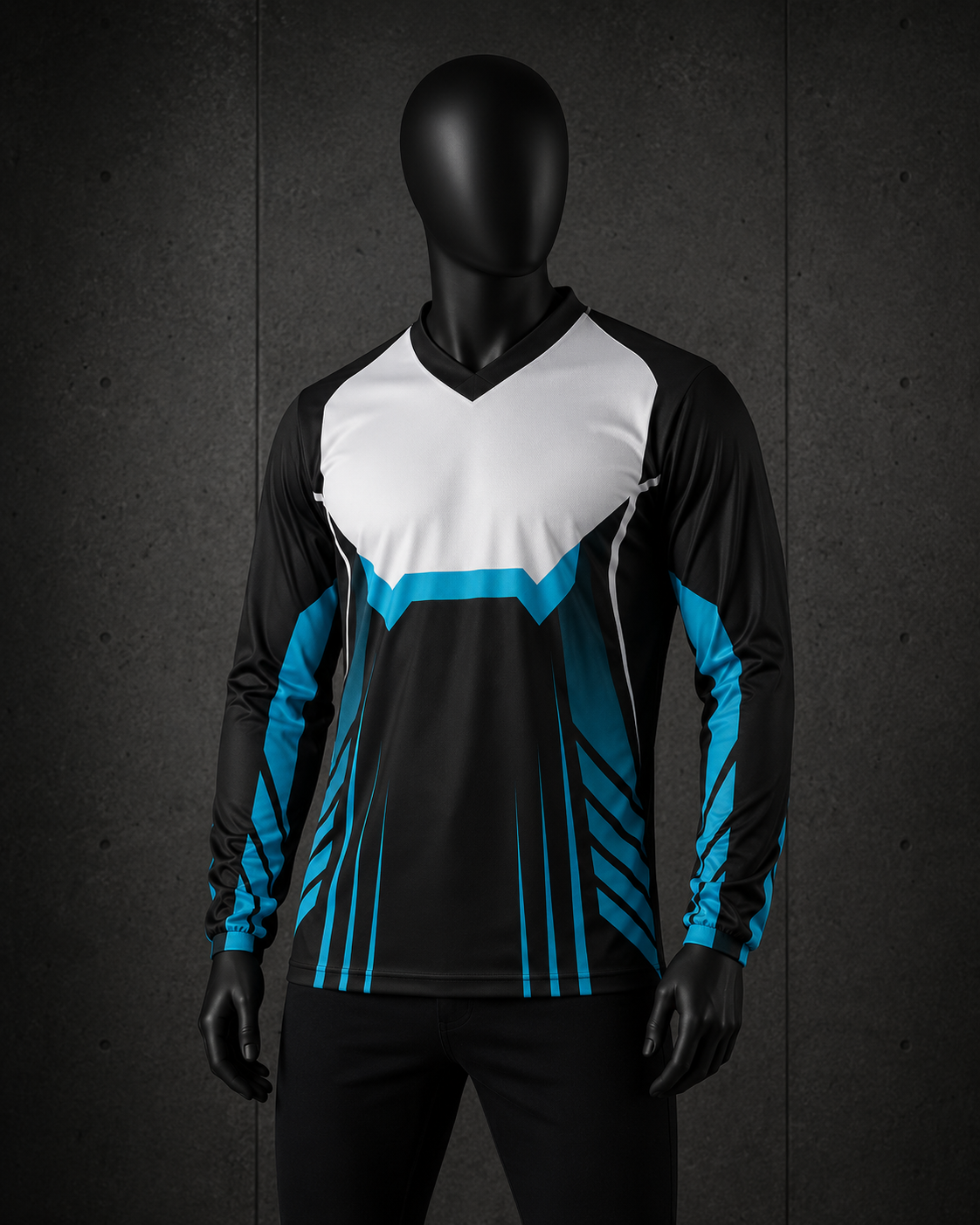 A long-sleeve athletic jersey displayed on a black mannequin against a dark textured studio background. The jersey has a white and black V-neck upper section, black sleeves, and bright blue geometric stripe patterns across the chest and sleeves.