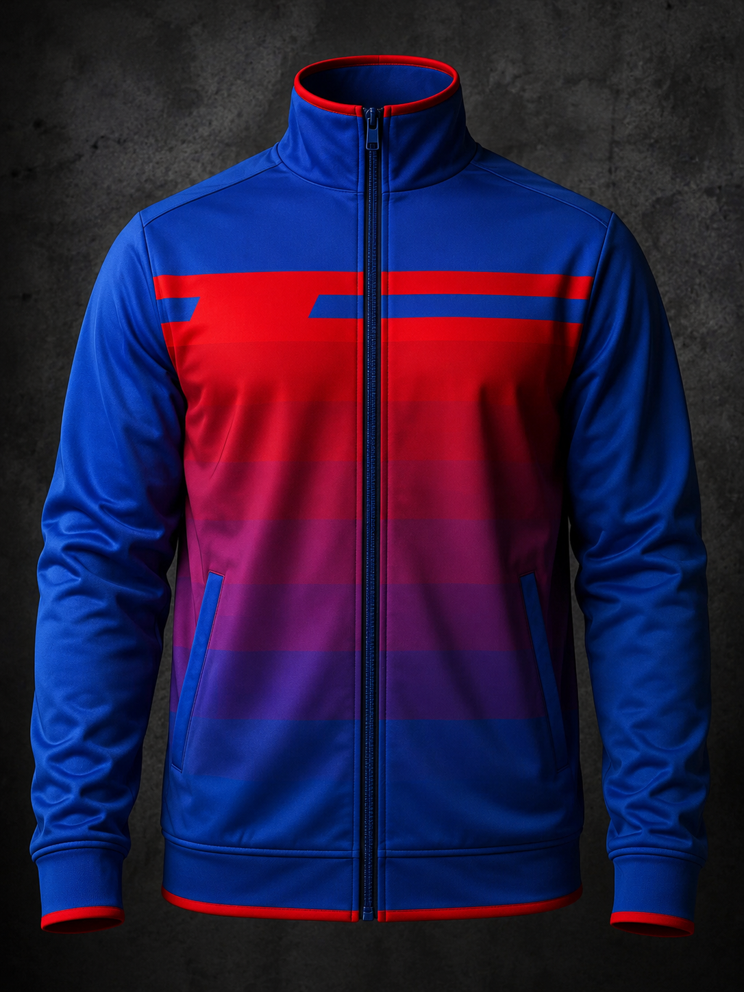 Blue and red jacket with a gradient design on a dark background