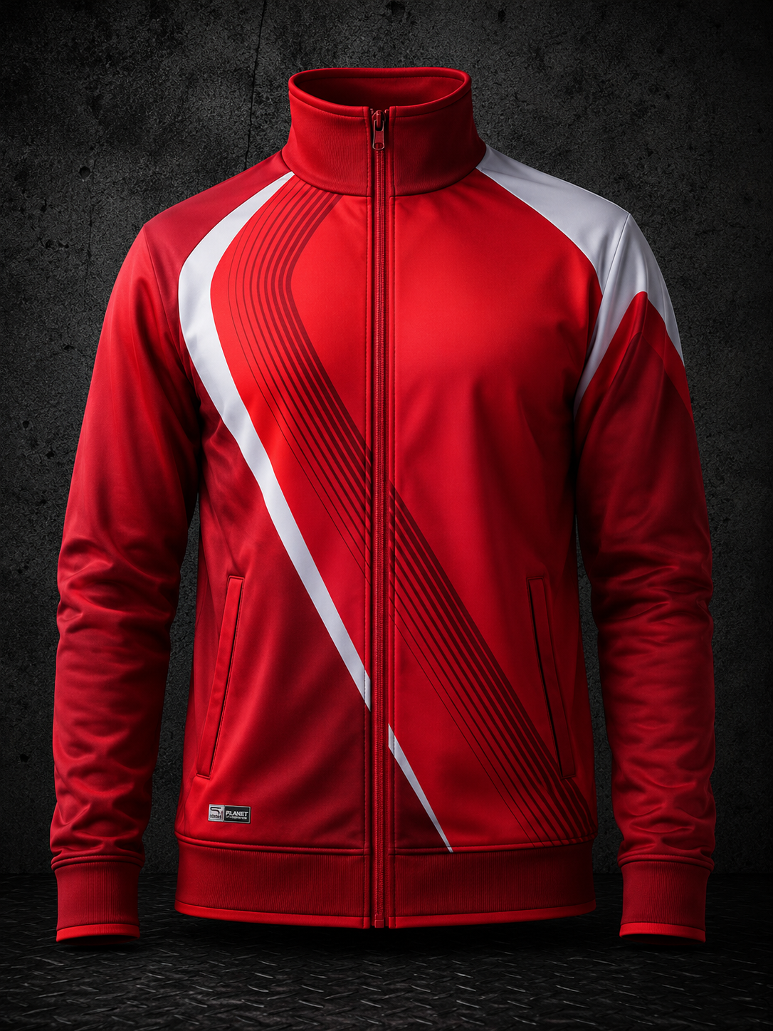 Red and white jacket with a dynamic design on a dark textured background