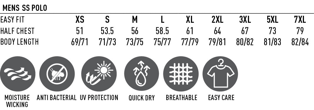 A sizing chart for MENS SS POLO athletic wear, showing body length measurements from XS to 7XL by size, plus icons indicating key fabric features like moisture wicking, antibacterial, UV protection, quick dry, breathable, and easy care.