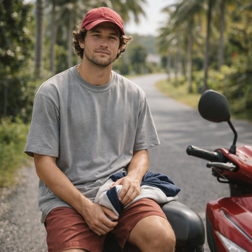 A man wearing a red baseball cap, gray t-shirt, and reddish-brown shorts sits on the seat of a red scooter.
