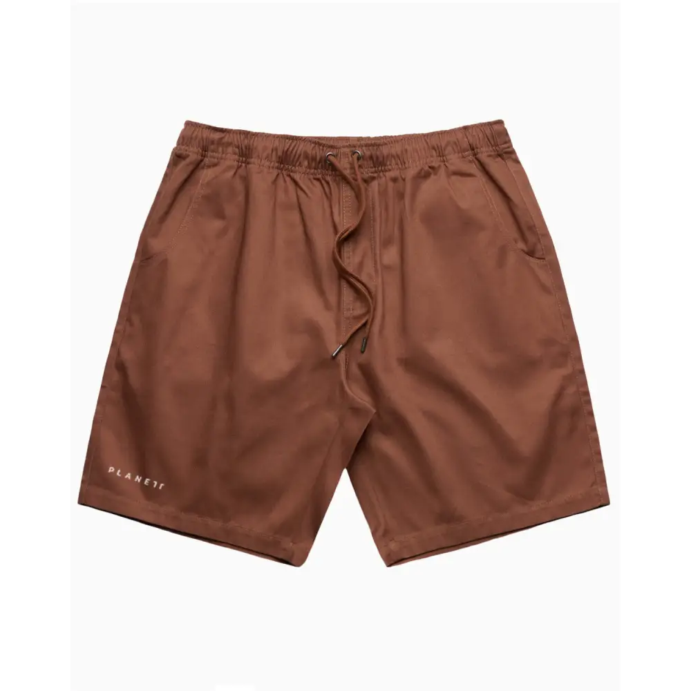 Brown drawstring shorts.