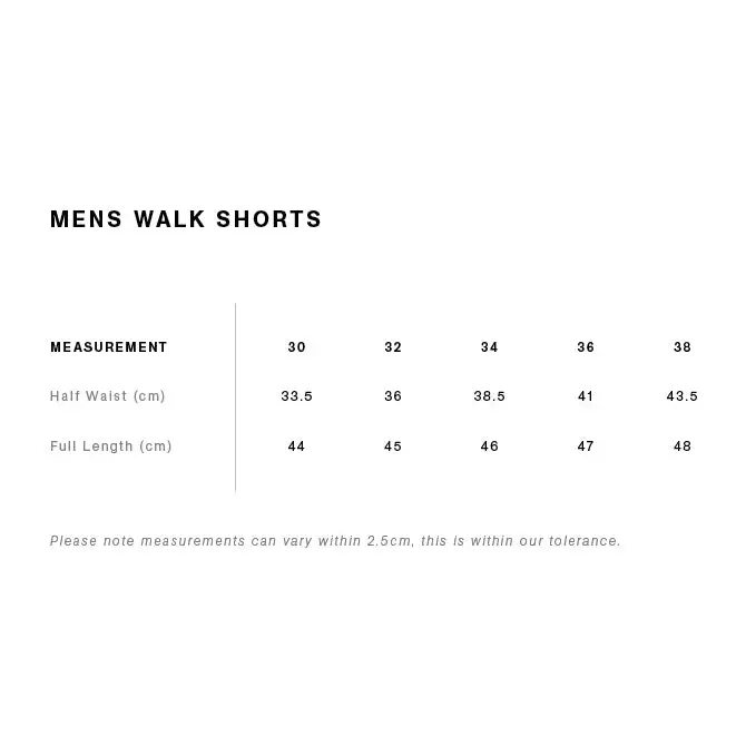 Men’s walk shorts size chart.