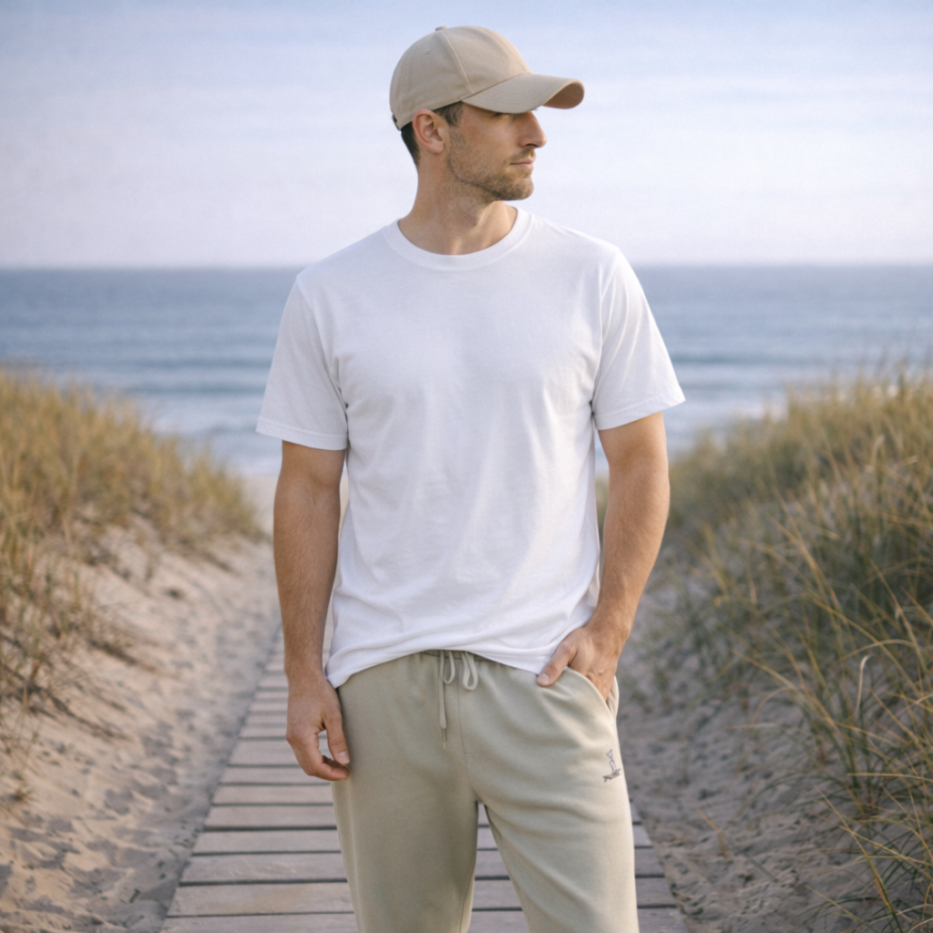 A man wearing a plain white cotton t-shirt with short sleeves and a crew neck.