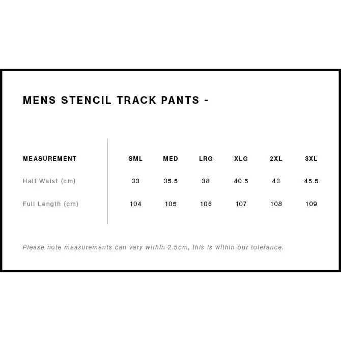 Men’s track pants size chart.