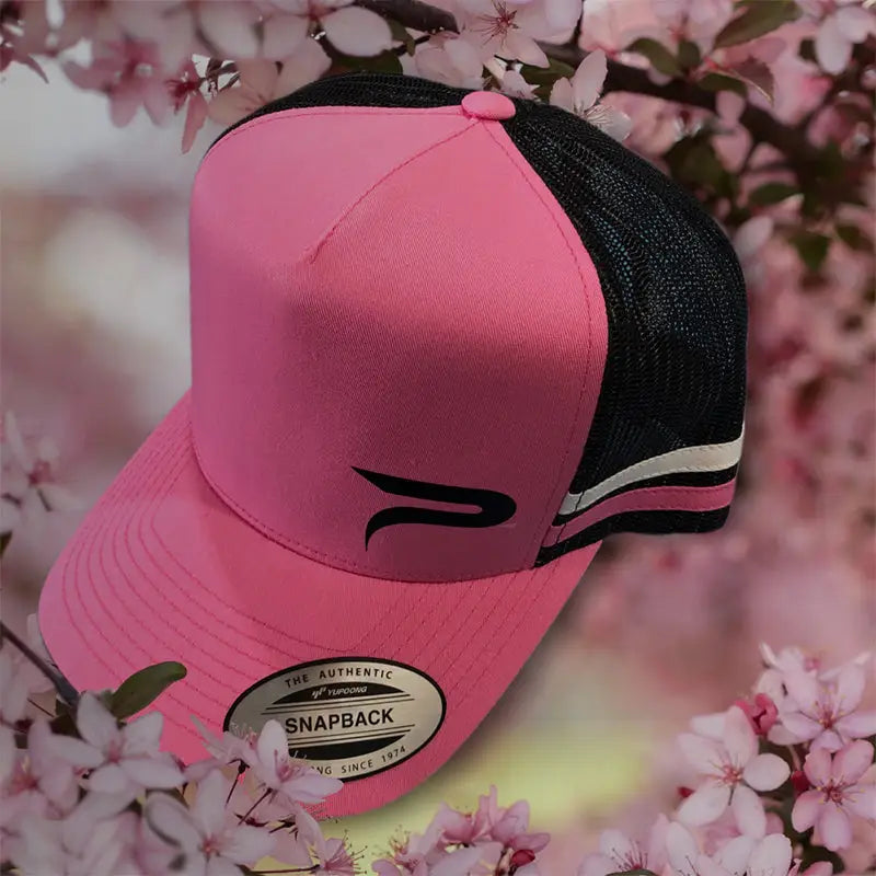 Pink and black snapback cap.