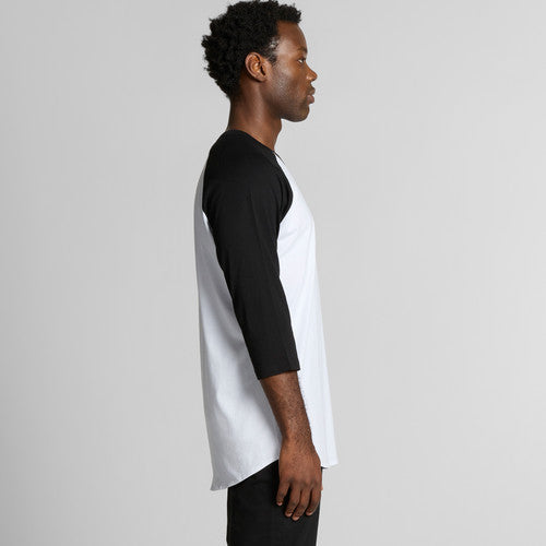 Black and white raglan baseball t-shirt with 3/4 sleeves.