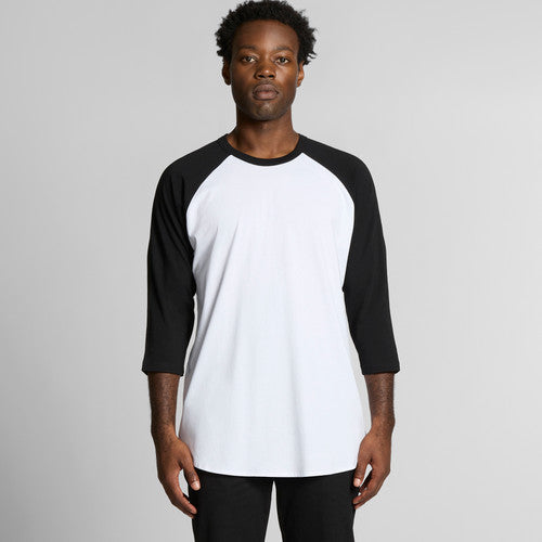 3/4 sleeve baseball t-shirt with black sleeves and white body, made of cotton.