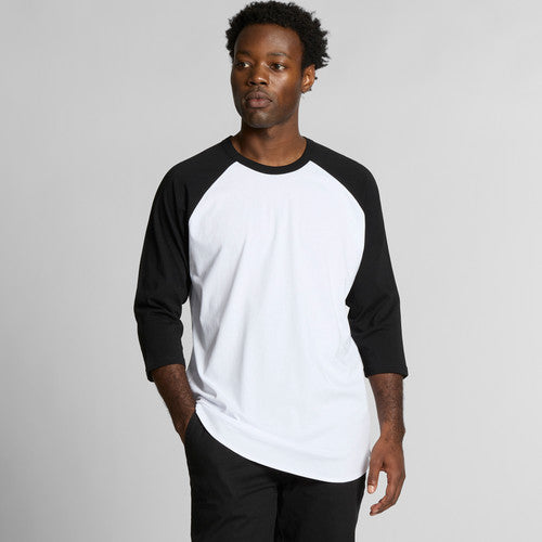 3/4 sleeve baseball jersey shirt with black sleeves and white body, made of cotton.