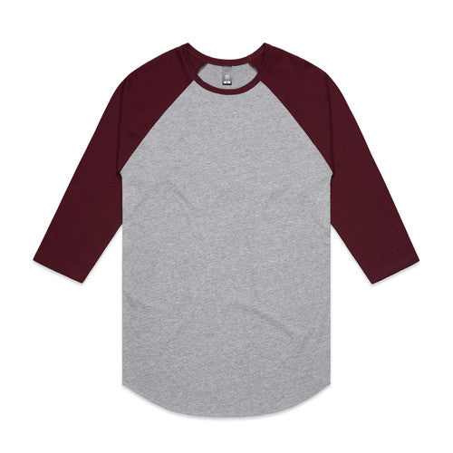 3/4 sleeve raglan baseball shirt in maroon and gray.