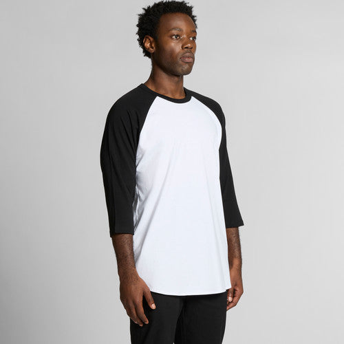 3/4 sleeve baseball t-shirt with black sleeves and white body, made of cotton.