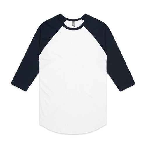 3/4 sleeve baseball jersey with raglan sleeves, white and navy blue color combination.