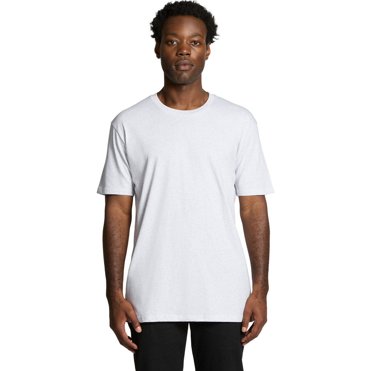 White crew neck t-shirt with short sleeves and a relaxed fit.