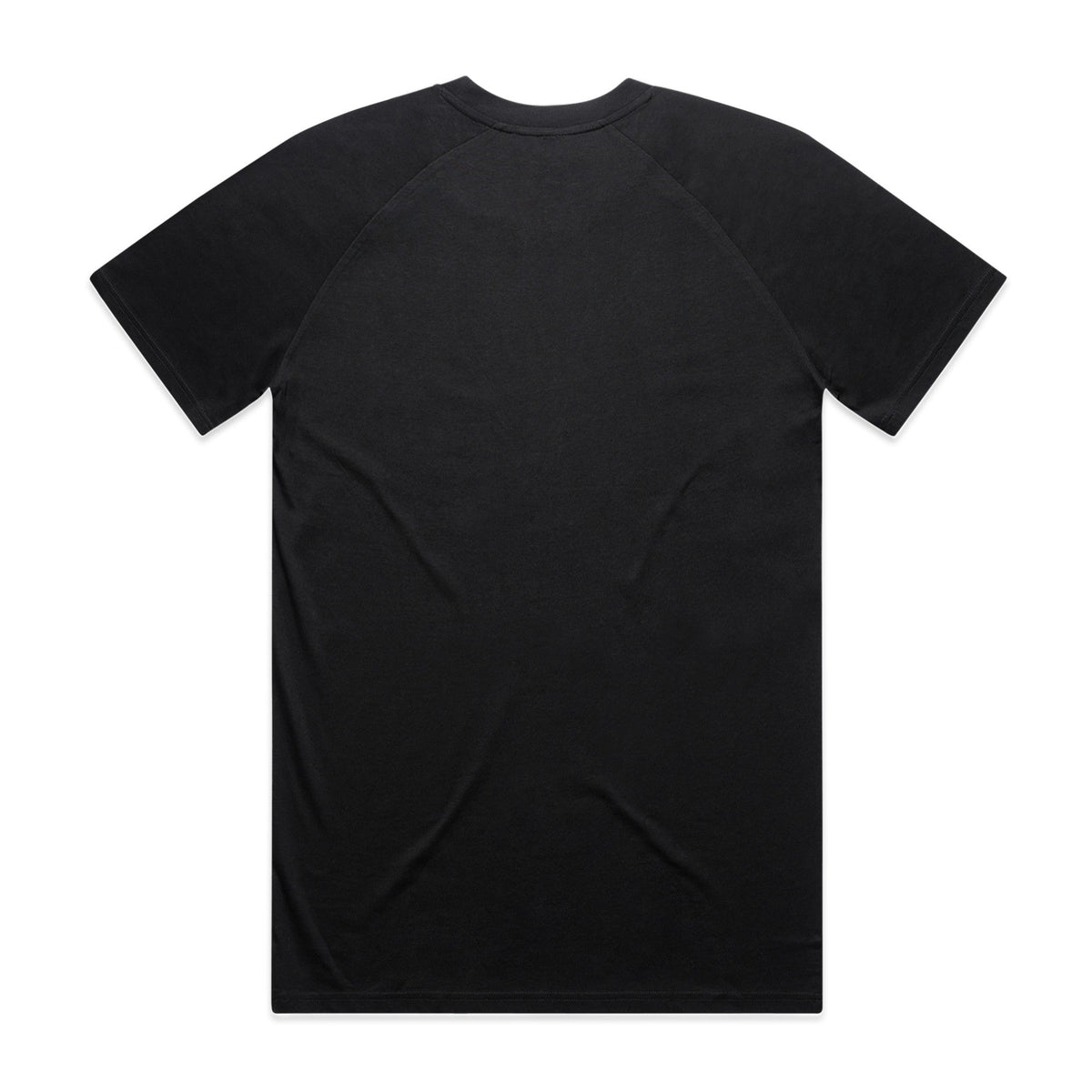Black t-shirt with short sleeves and crew neck.
