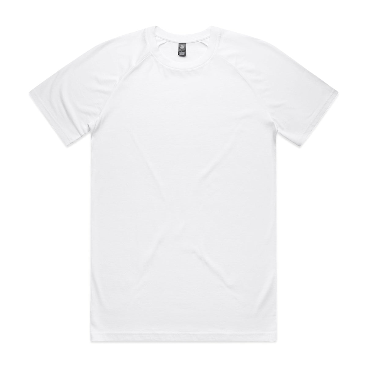 White crew neck t-shirt with short sleeves and a small logo on the left chest.