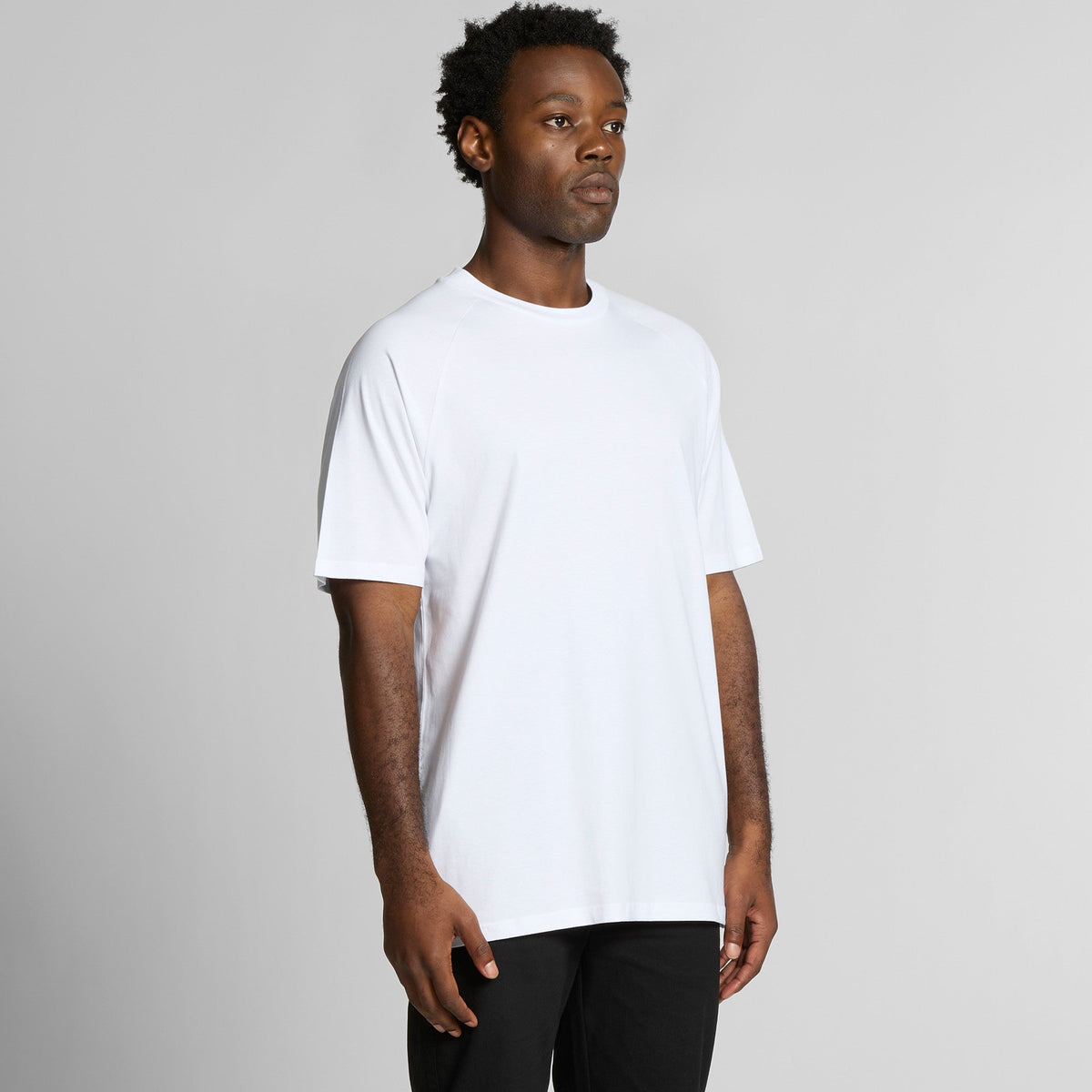 White crew neck t-shirt with short sleeves and a relaxed fit.